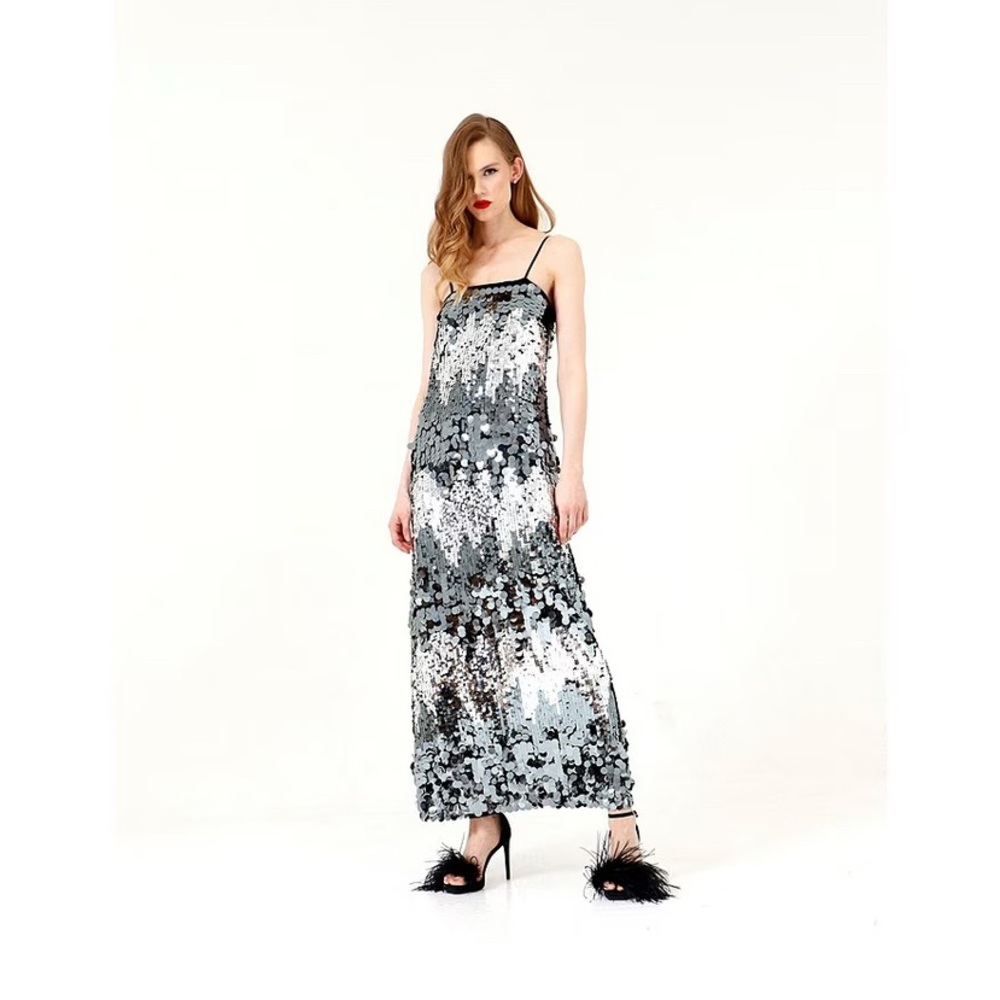 Le’ AL. X Mixed Sequin Square Neck‎ Sleeveless Spaghetti Strap Column Maxi Dress